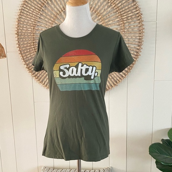 Women’s Olive Green Graphic T-Shirt – Retro Sunset ‘Salty’ Beach Tee Size small - Picture 2 of 7